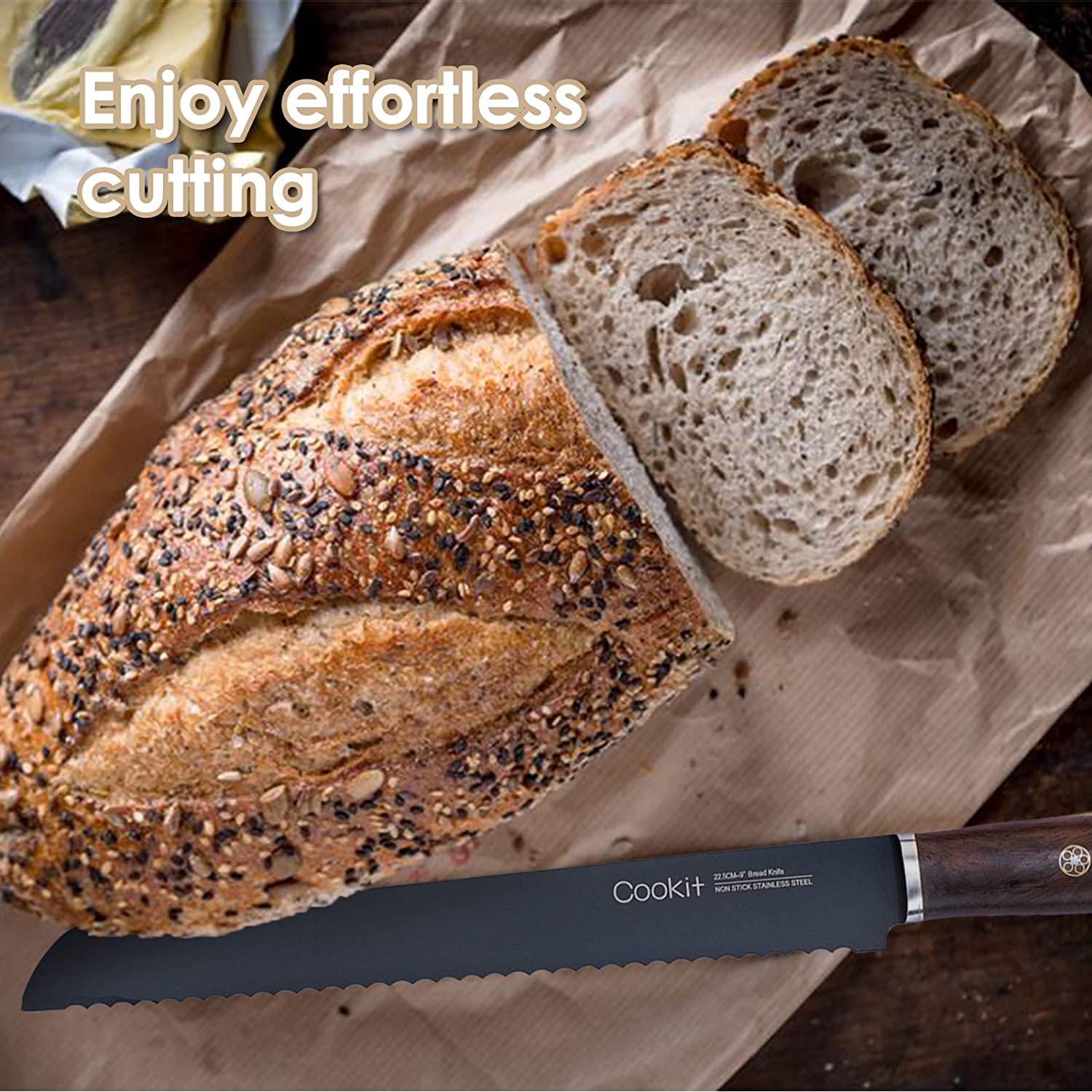 9 Inches Bread Knife Serrated Edge High Carbon Stainless Steel Forged Cutter for Homemade Crusty Bread Amazon Platform Banned
